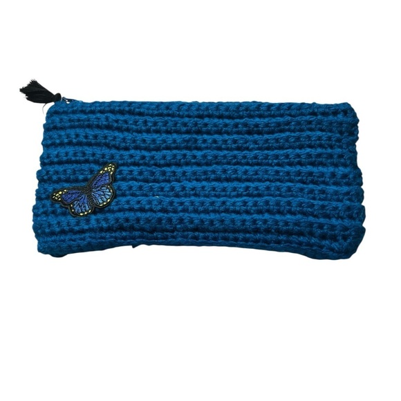 Handmade Handbags - Blue Ribbed Wristlet with Butterfly Detail